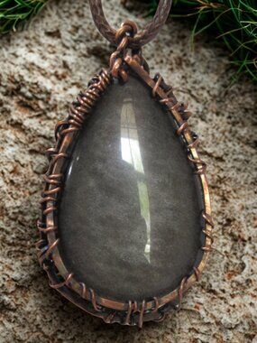 Handmade Wire Wrapped Silver Sheen Obsidian Crystal Necklace Copper wire wrapped